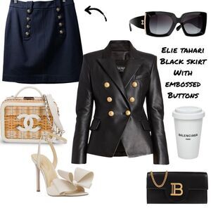 Elie Tahari Black Stretch Knee Length Skirt With Balmain Button Vibes